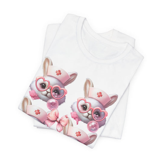 Caring Bunny Nurse Tee - Cute Unisex Jersey Short Sleeve T-Shirt for Healthcare Heroes
